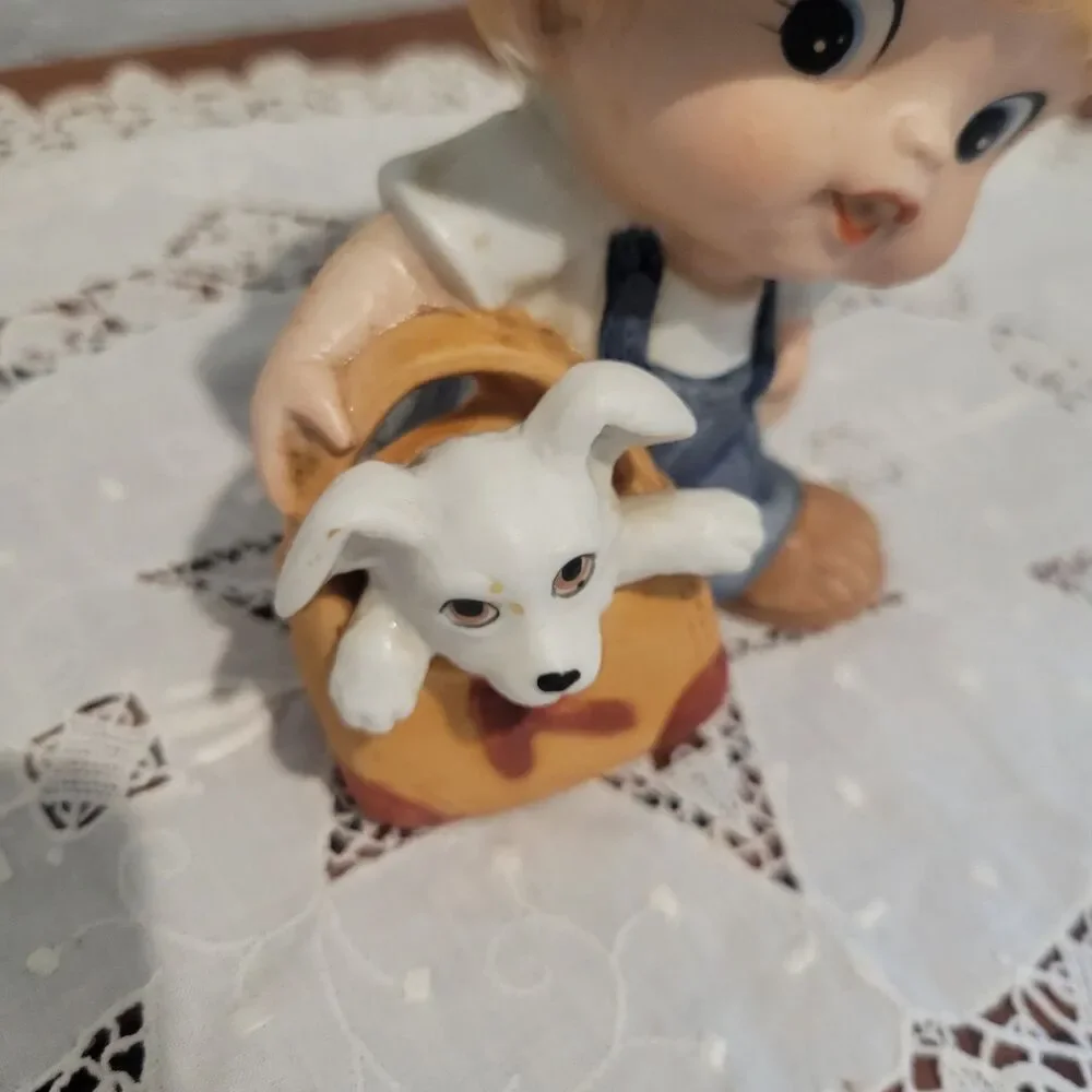 Vintage HOMCO - Little Boy with Dog In his Bag figurine #1439 ceramic Taiwan 80s